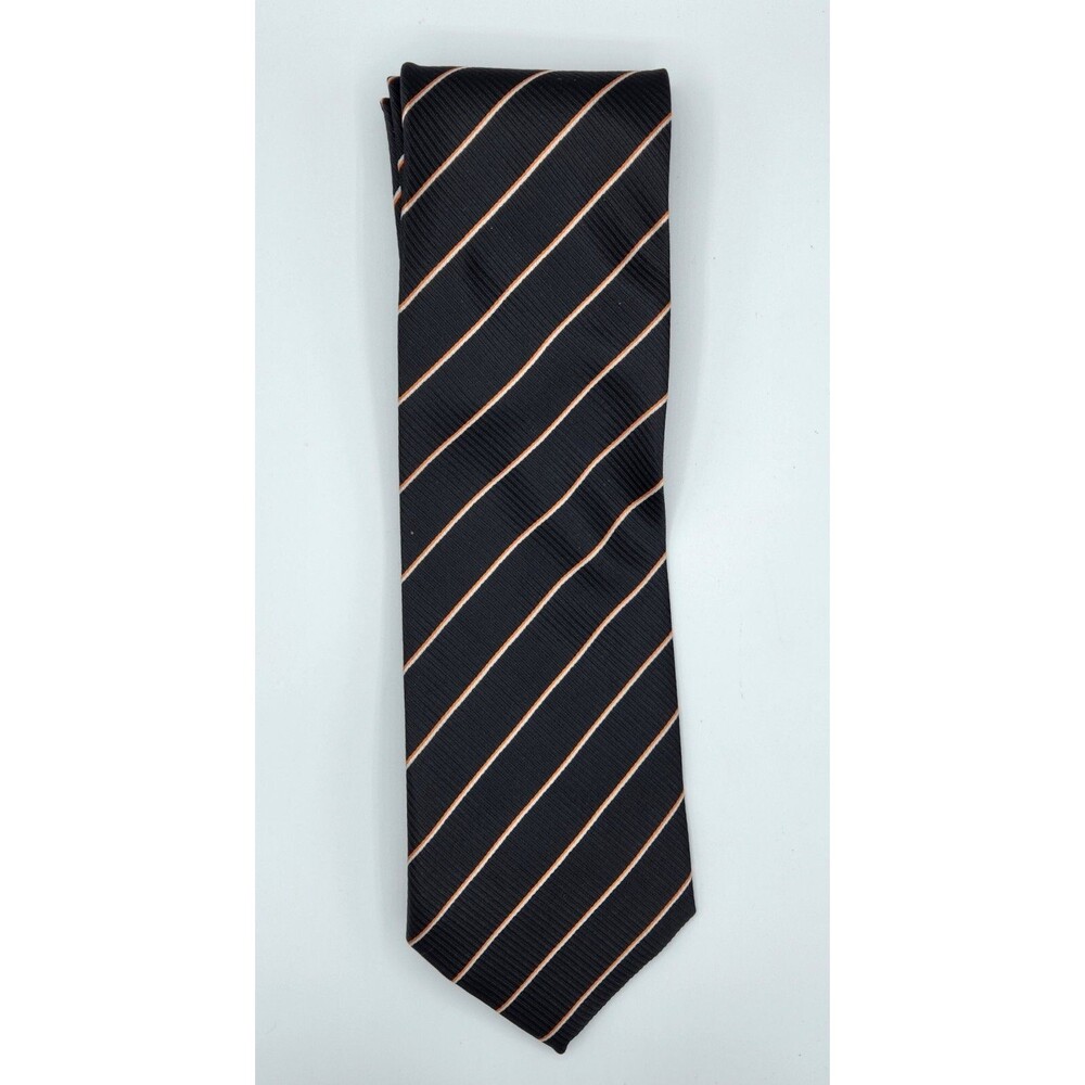 Hugo Boss 100% Silk Mens Neck Tie Made in Italy Striped Black / Orange / White